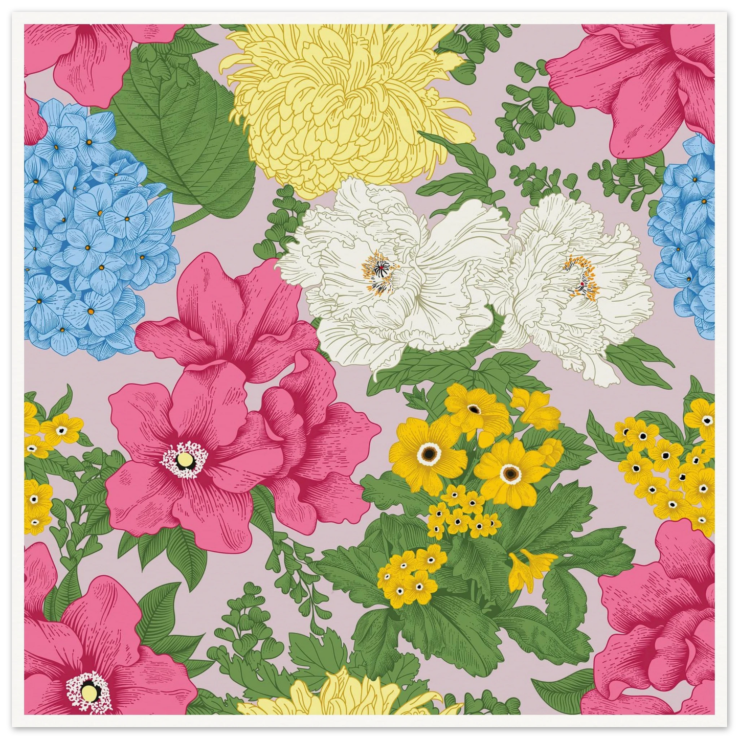 Muted Grey Bouquet Art Print | William Morris Inspired - Framed Poster - 30x30 cm / 12x12″ - Black frame