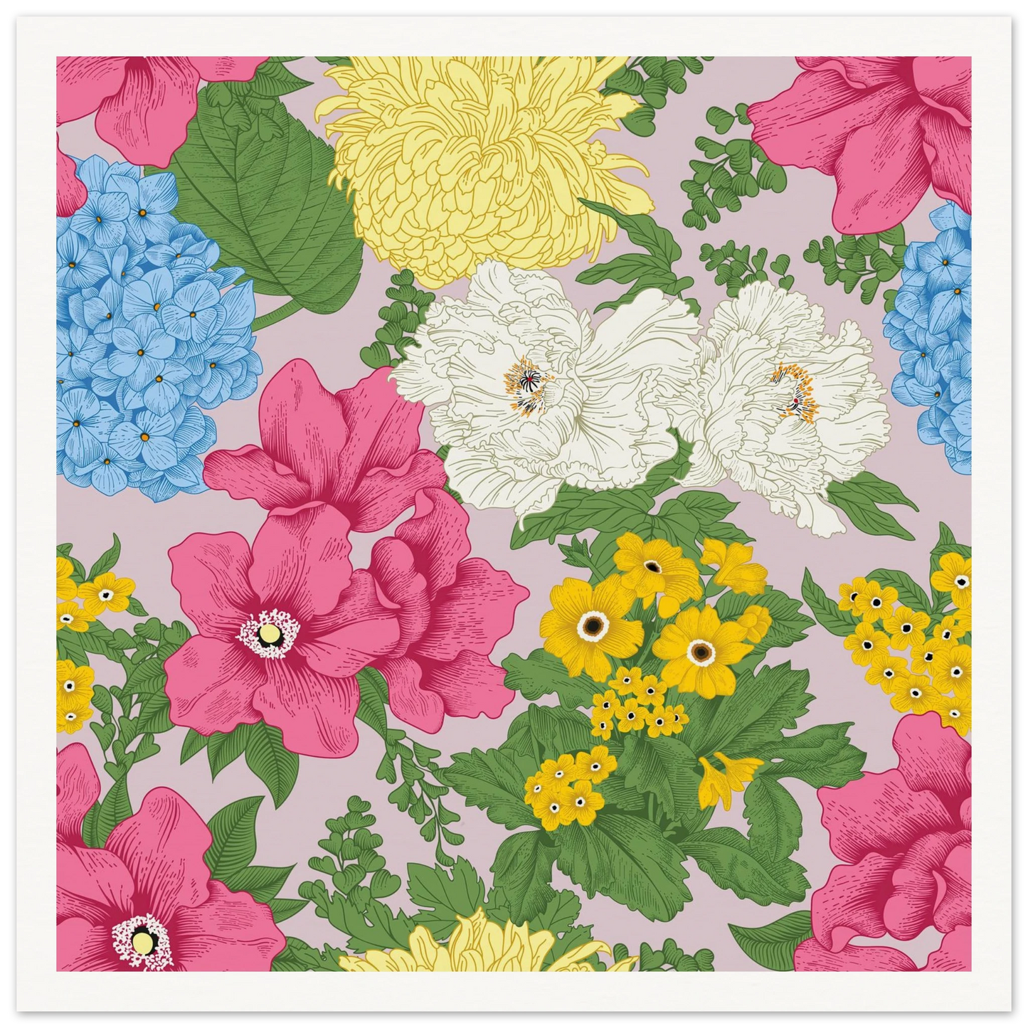 Muted Grey Bouquet Art Print | William Morris Inspired - Framed Poster - 30x30 cm / 12x12″ - Black frame