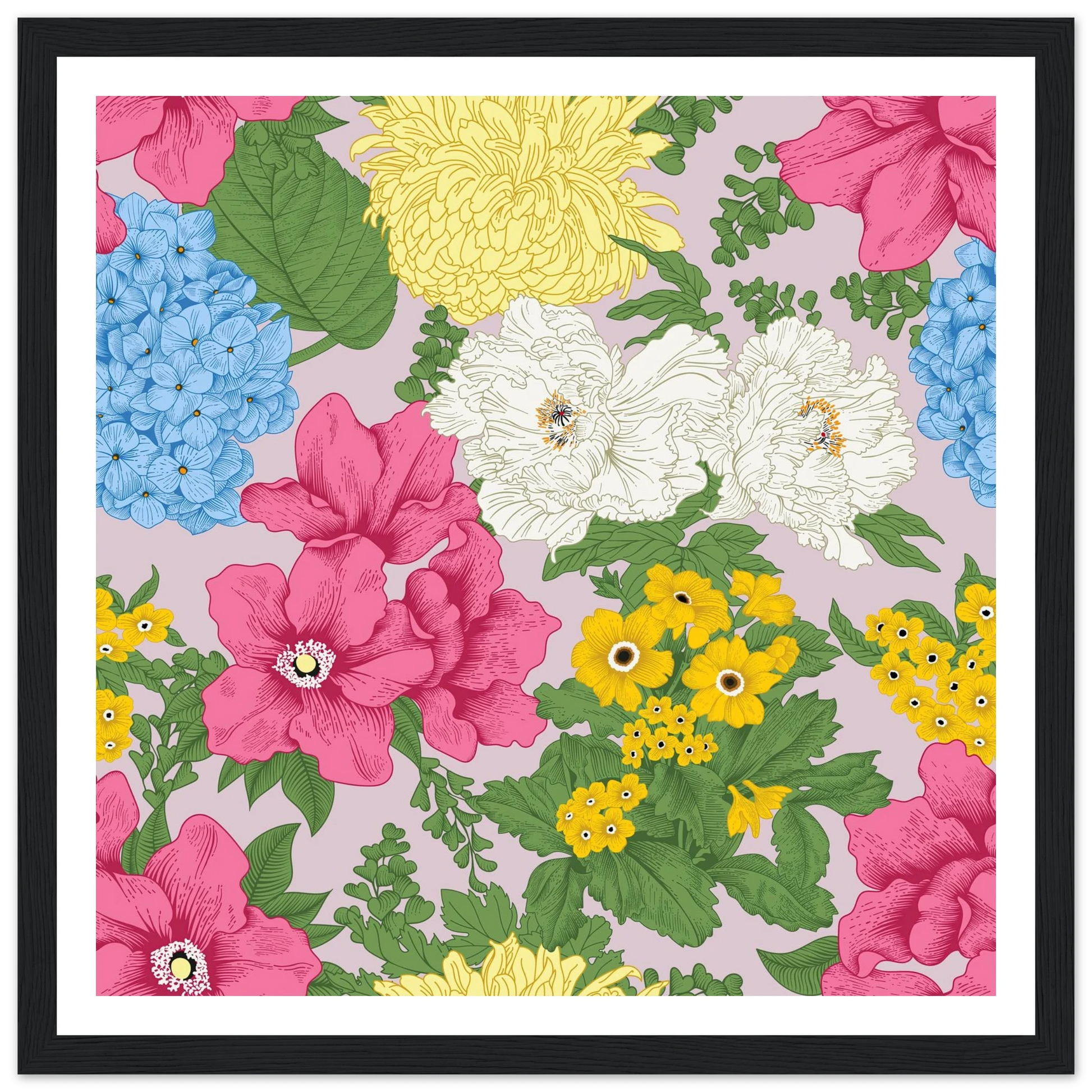 Muted Grey Bouquet Art Print | William Morris Inspired - Framed Poster - 30x30 cm / 12x12″ - Black frame