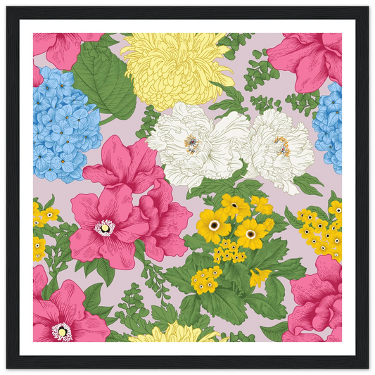 Muted Grey Bouquet Art Print | William Morris Inspired - Framed Poster - 30x30 cm / 12x12″ - Black frame