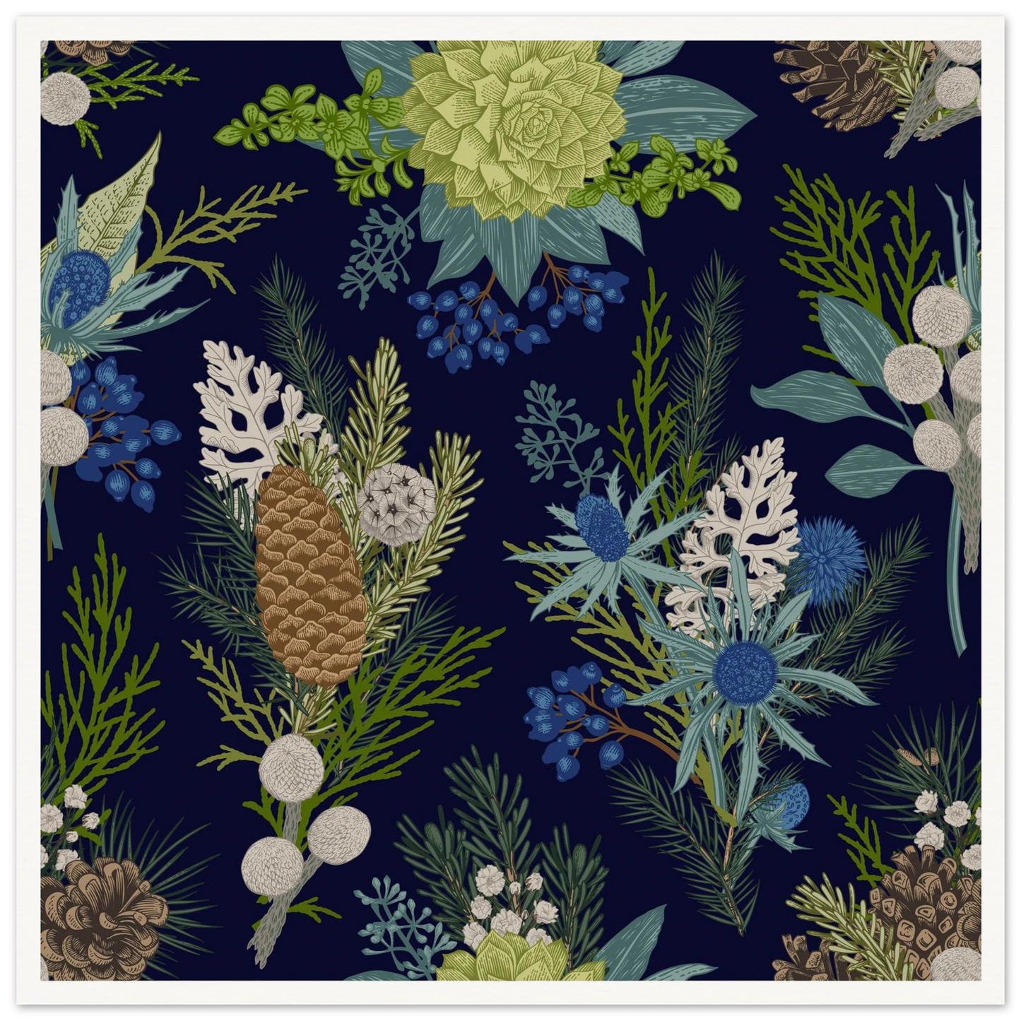 Navy Pinecone Winter Art Print | William Morris Inspired - Framed Poster - 30x30 cm / 12x12″ - Black frame