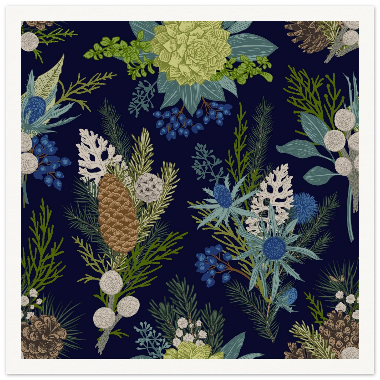 Navy Pinecone Winter Art Print | William Morris Inspired - Framed Poster - 30x30 cm / 12x12″ - Black frame