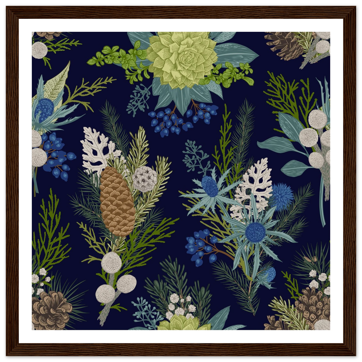 Navy Pinecone Winter Art Print | William Morris Inspired - Framed Poster - 30x30 cm / 12x12″ - Black frame