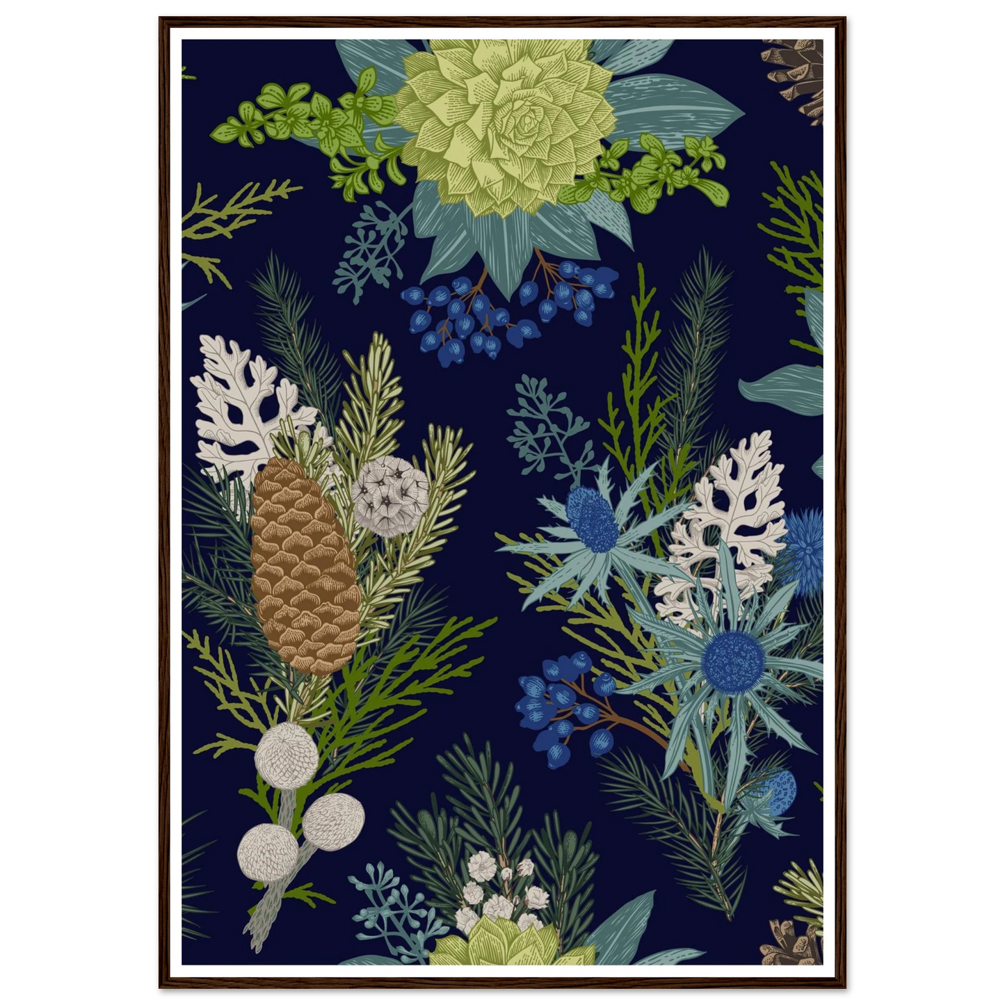 Navy Pinecone Winter Art Print | William Morris Inspired - Framed Poster - 30x30 cm / 12x12″ - Black frame