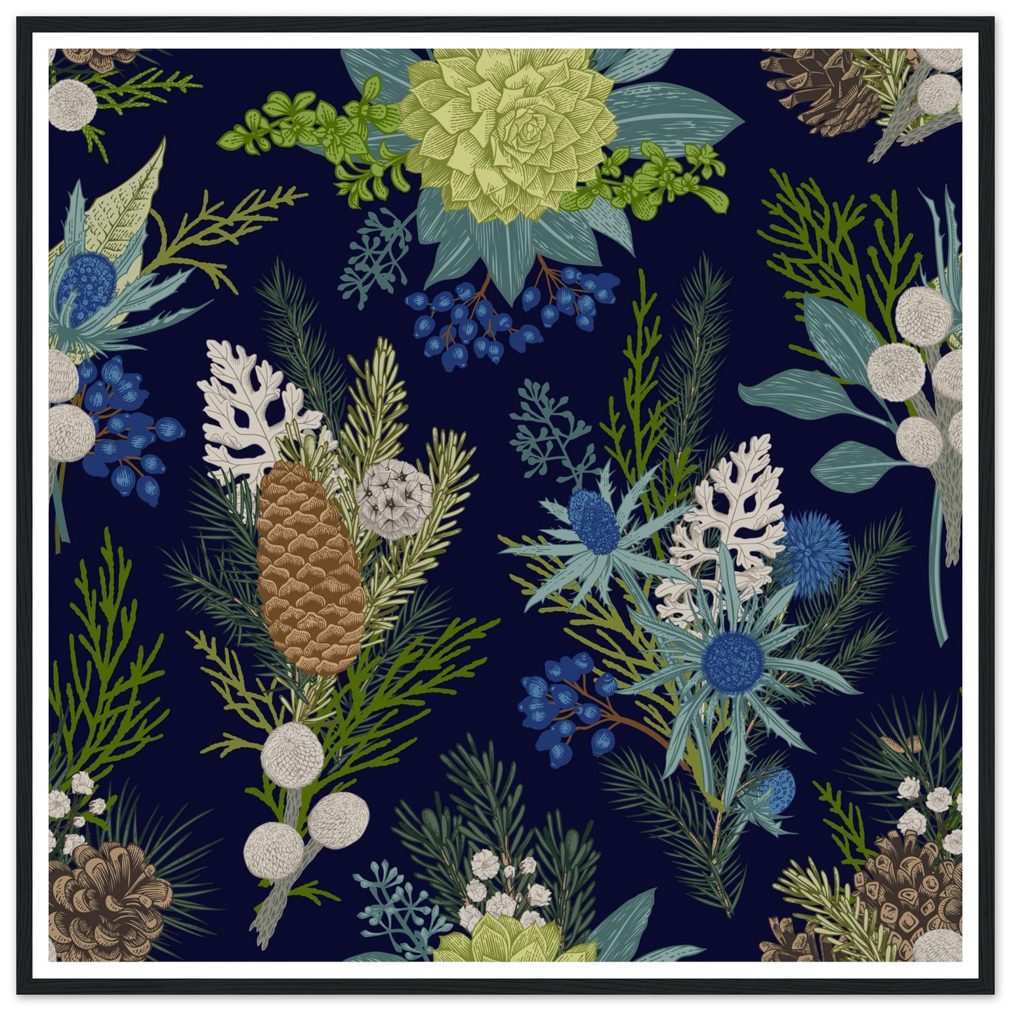 Navy Pinecone Winter Art Print | William Morris Inspired - Framed Poster - 30x30 cm / 12x12″ - Black frame