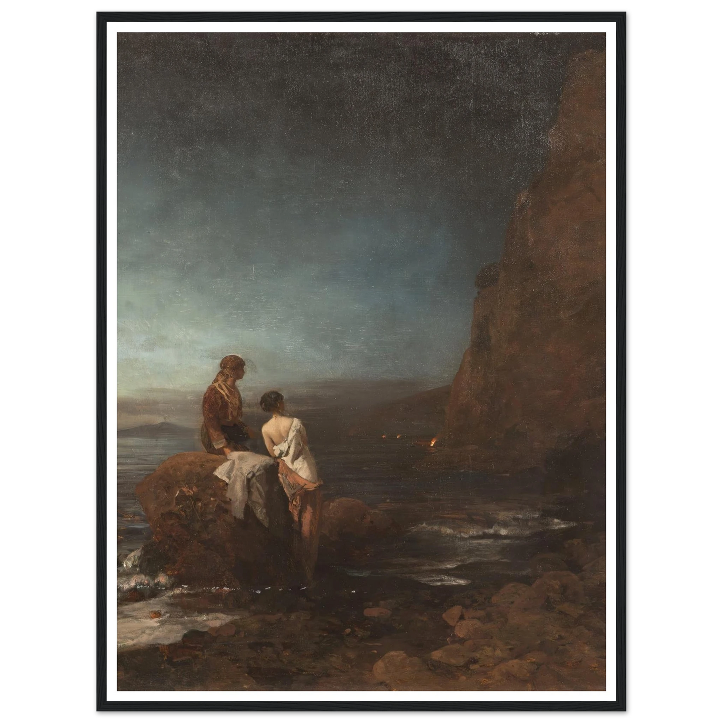 Night by the beach of Naples (1880) Art Print | Oswald Achenbach - Framed Poster - 30x40 cm / 12x16″ - Black frame