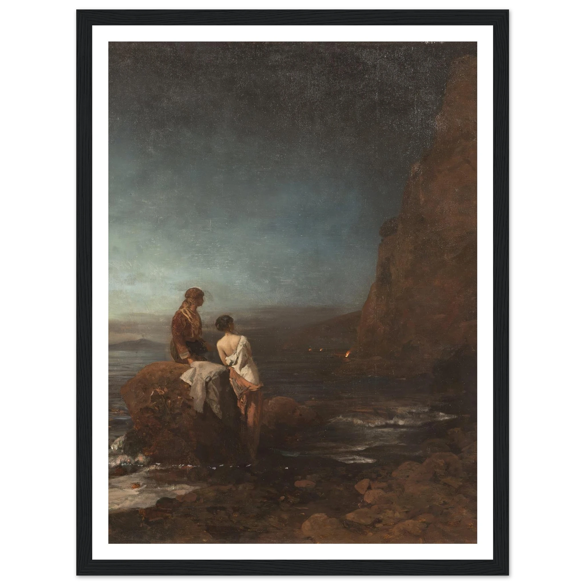 Night by the beach of Naples (1880) Art Print | Oswald Achenbach - Framed Poster - 30x40 cm / 12x16″ - Black frame