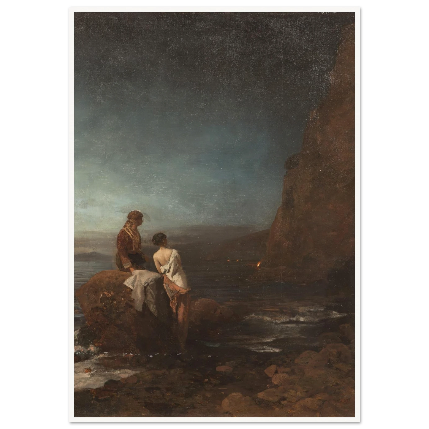 Night by the beach of Naples (1880) Art Print | Oswald Achenbach - Framed Poster - 30x40 cm / 12x16″ - Black frame