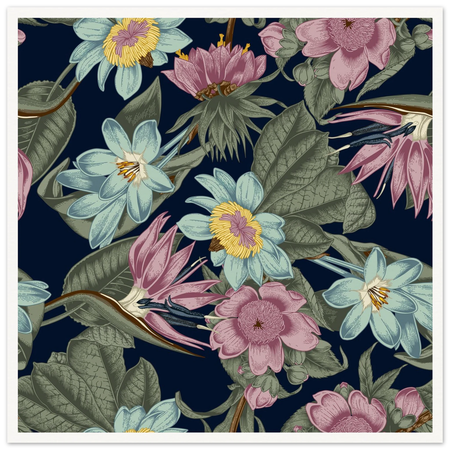 Nocturnal Jungle Bloom Art Print | William Morris Inspired - Framed Poster - 30x30 cm / 12x12″ - Black frame