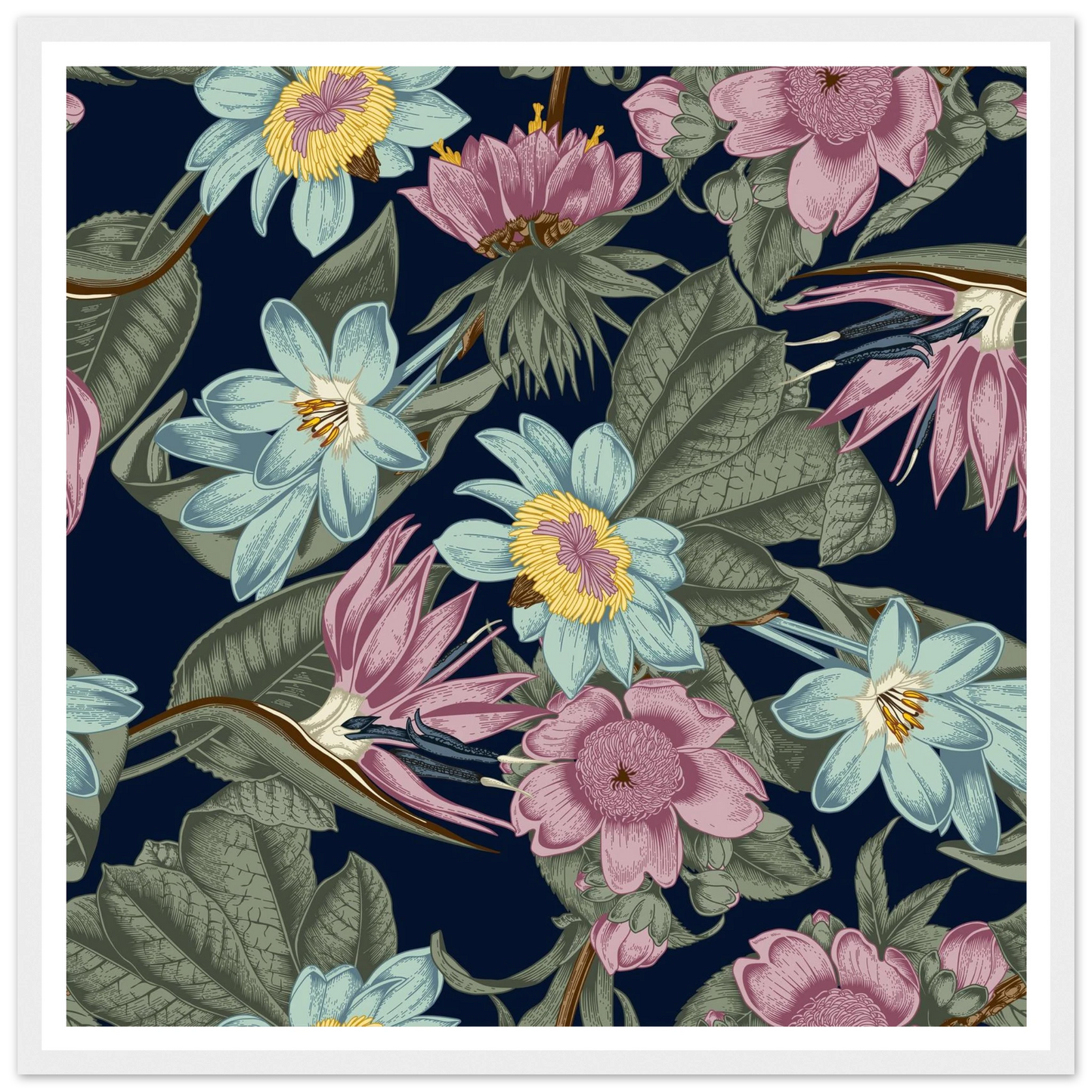 Nocturnal Jungle Bloom Art Print | William Morris Inspired - Framed Poster - 30x30 cm / 12x12″ - Black frame