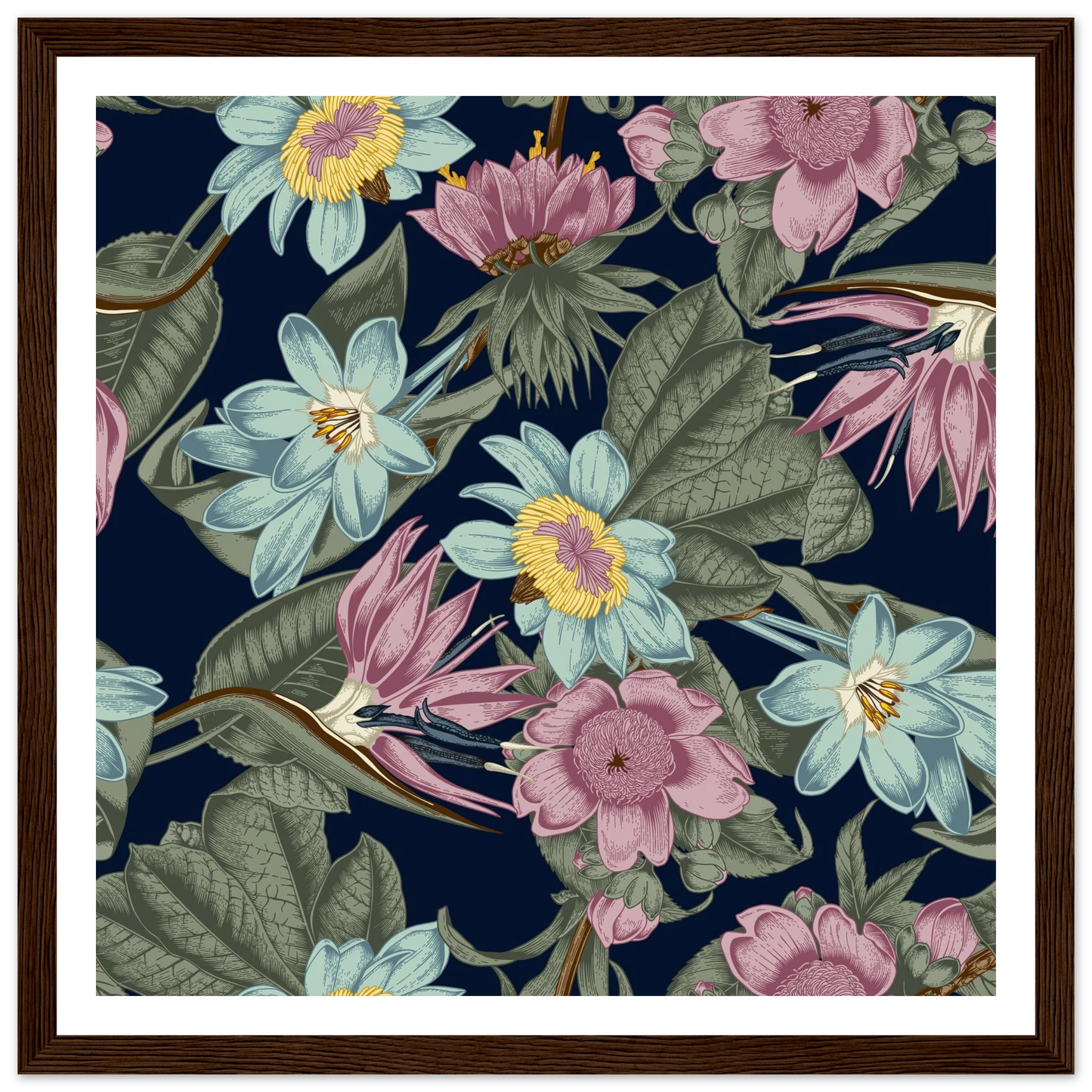 Nocturnal Jungle Bloom Art Print | William Morris Inspired - Framed Poster - 30x30 cm / 12x12″ - Black frame