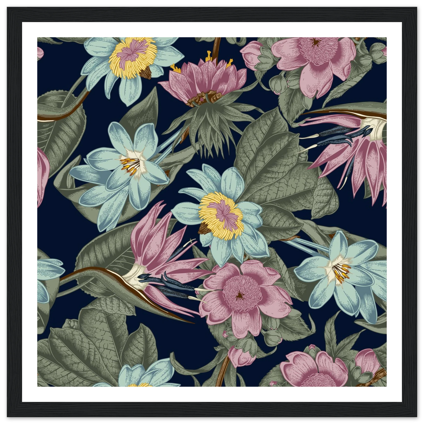 Nocturnal Jungle Bloom Art Print | William Morris Inspired - Framed Poster - 30x30 cm / 12x12″ - Black frame