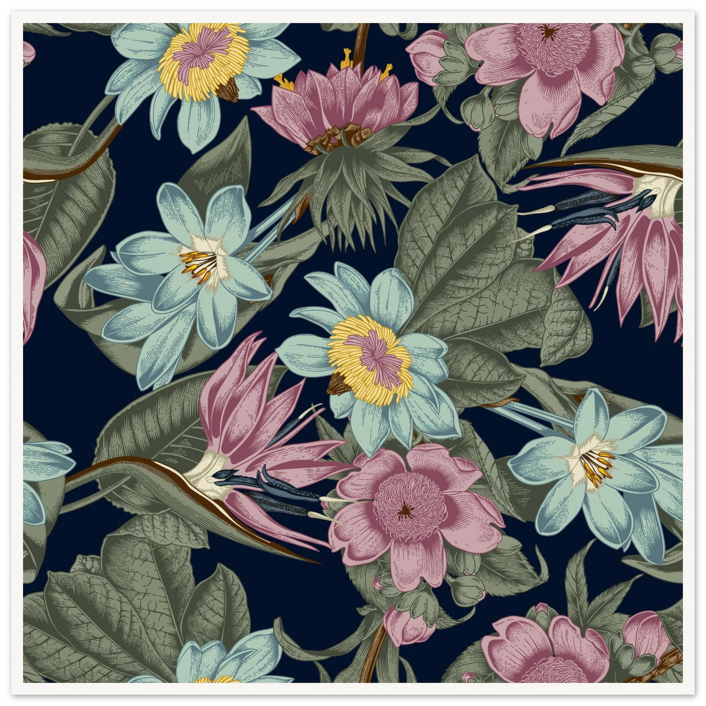 Nocturnal Jungle Bloom Art Print | William Morris Inspired - Framed Poster - 30x30 cm / 12x12″ - Black frame