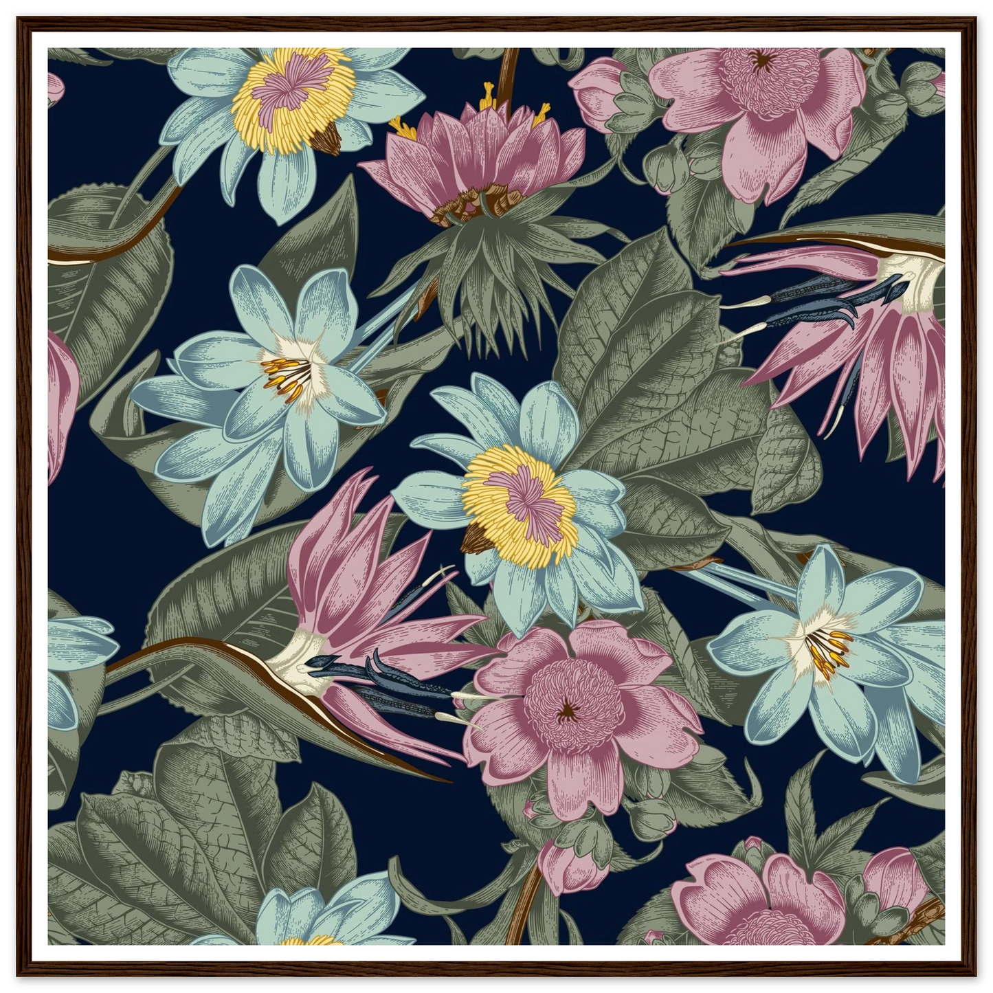 Nocturnal Jungle Bloom Art Print | William Morris Inspired - Framed Poster - 30x30 cm / 12x12″ - Black frame