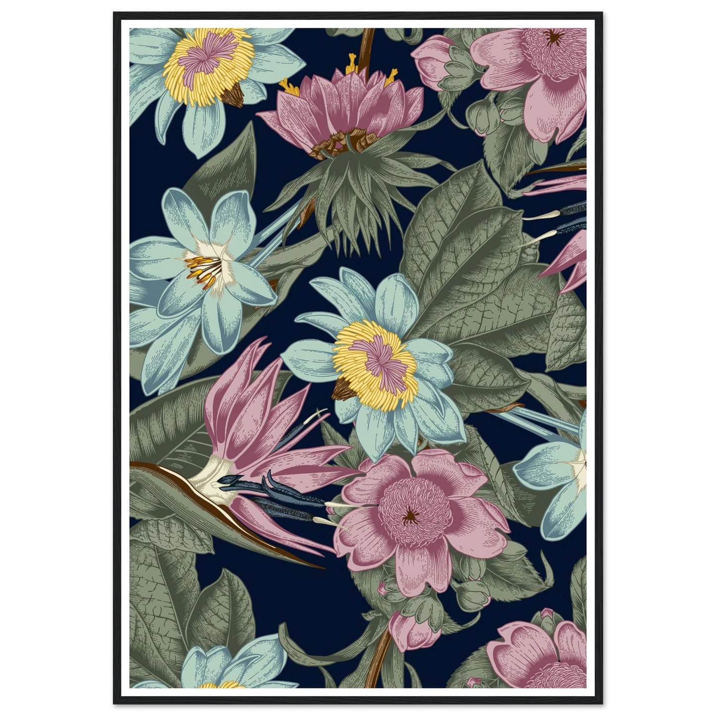 Nocturnal Jungle Bloom Art Print | William Morris Inspired - Framed Poster - 30x30 cm / 12x12″ - Black frame
