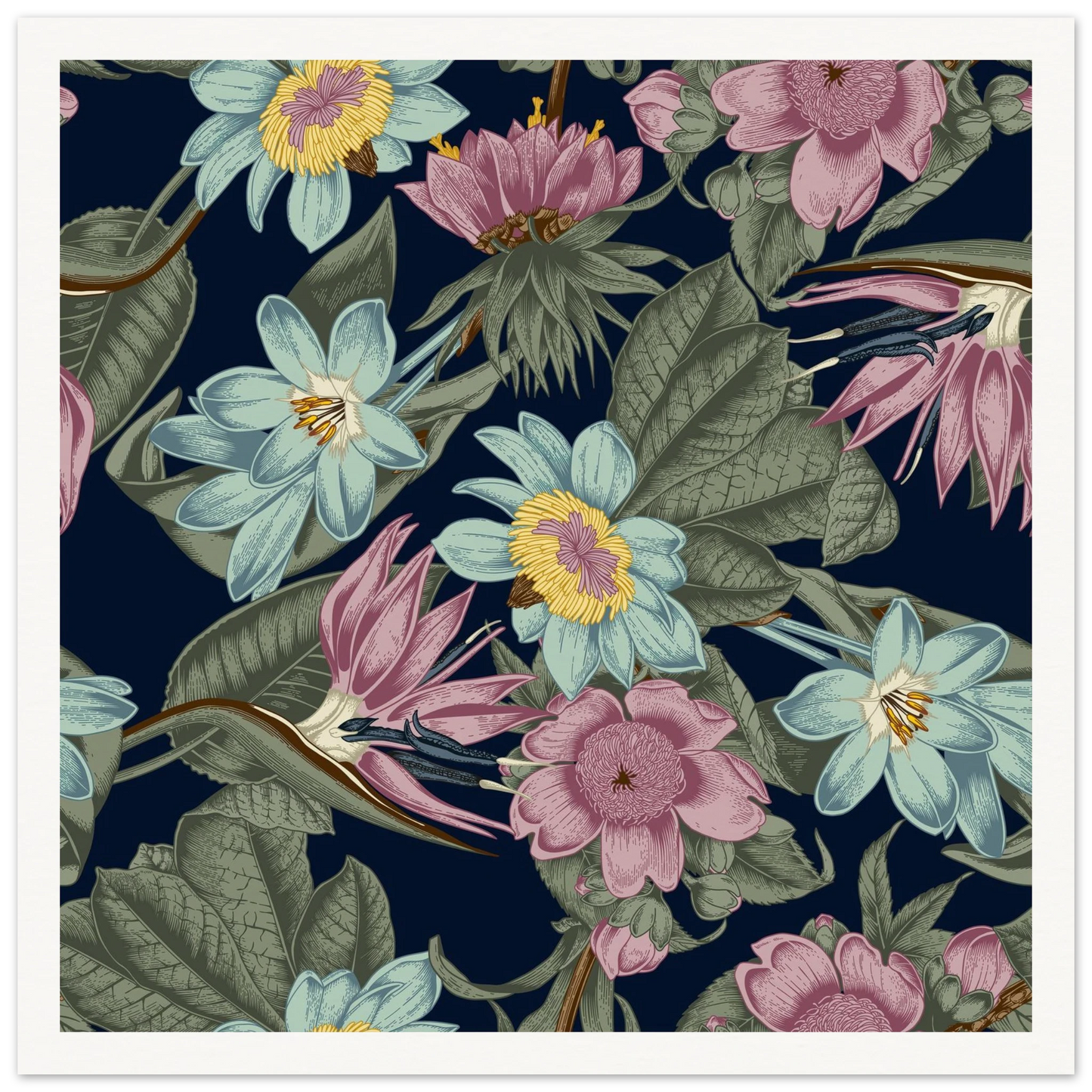 Nocturnal Jungle Bloom Art Print | William Morris Inspired - Framed Poster - 30x30 cm / 12x12″ - Black frame