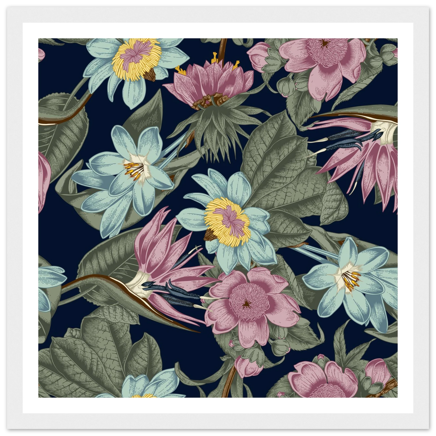 Nocturnal Jungle Bloom Art Print | William Morris Inspired - Framed Poster - 30x30 cm / 12x12″ - Black frame