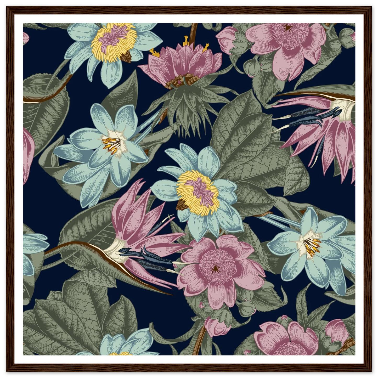 Nocturnal Jungle Bloom Art Print | William Morris Inspired - Framed Poster - 30x30 cm / 12x12″ - Black frame