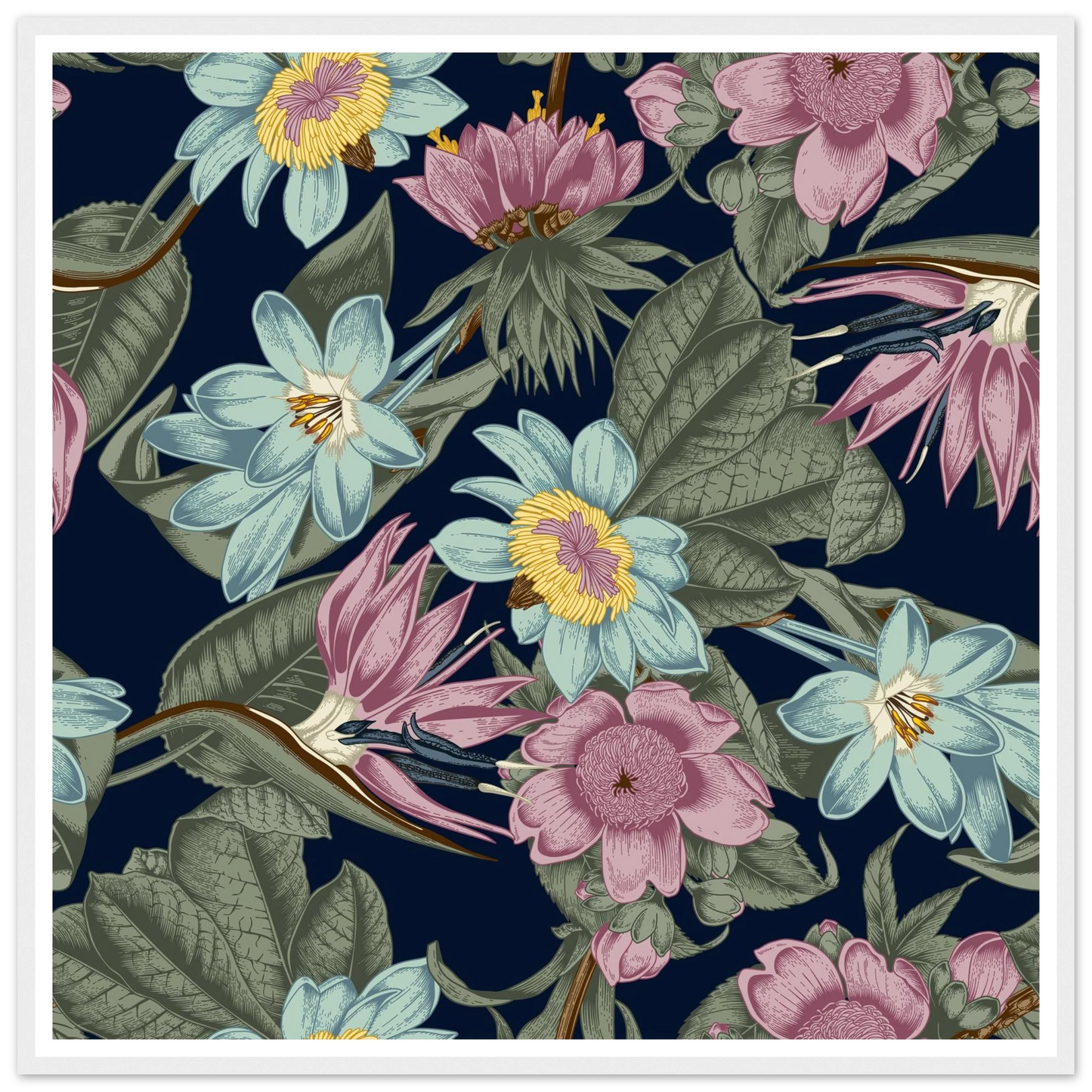 Nocturnal Jungle Bloom Art Print | William Morris Inspired - Framed Poster - 30x30 cm / 12x12″ - Black frame