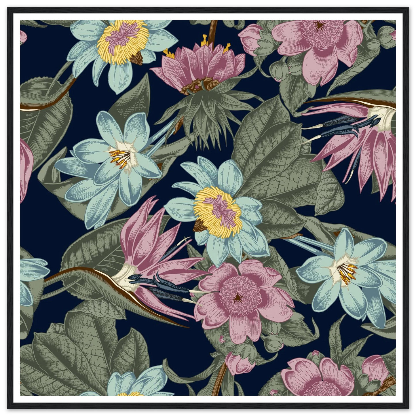 Nocturnal Jungle Bloom Art Print | William Morris Inspired - Framed Poster - 30x30 cm / 12x12″ - Black frame