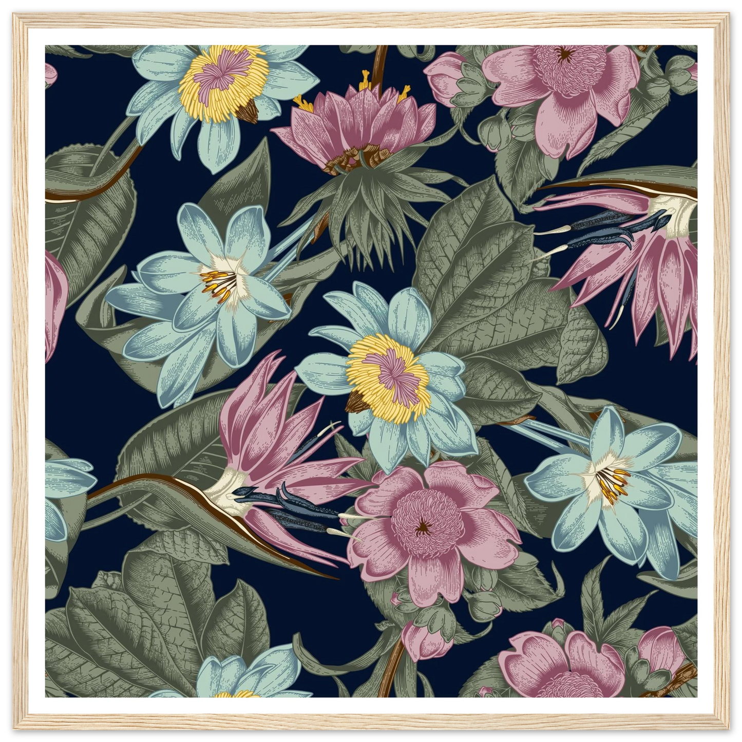 Nocturnal Jungle Bloom Art Print | William Morris Inspired - Framed Poster - 30x30 cm / 12x12″ - Black frame