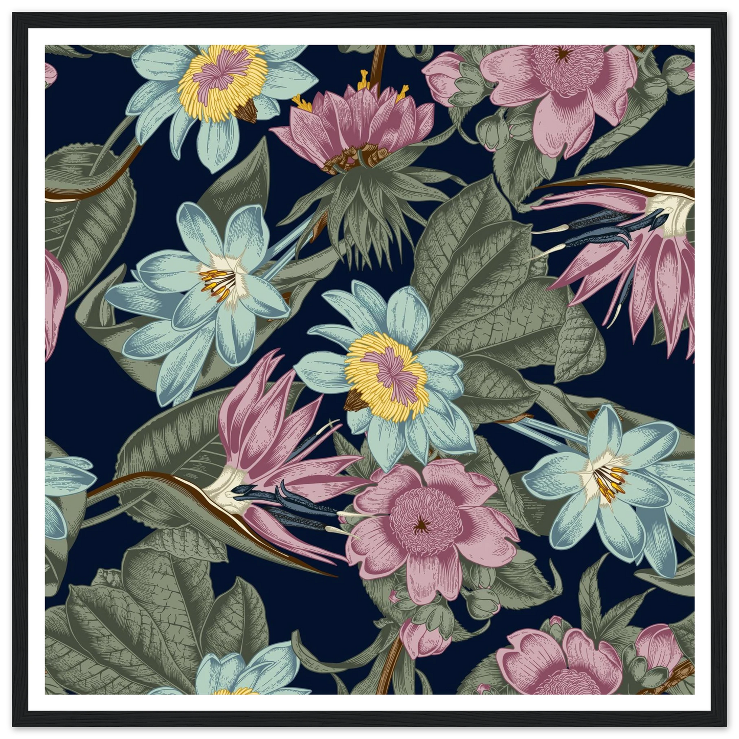 Nocturnal Jungle Bloom Art Print | William Morris Inspired - Framed Poster - 30x30 cm / 12x12″ - Black frame