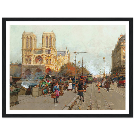 Notre Dame De Paris, Vue Du Quai De Montebello Art Print | Eugene Galien Laloue - Framed Poster - 30x40 cm / 12x16″ - Black frame