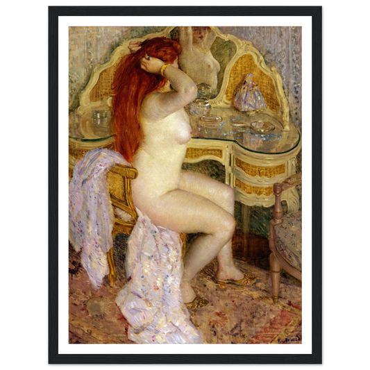 Nude Seated at Her Dressing Table (1909) Art Print | Frederick Carl Frieseke - Framed Poster - 30x40 cm / 12x16″ - Black frame