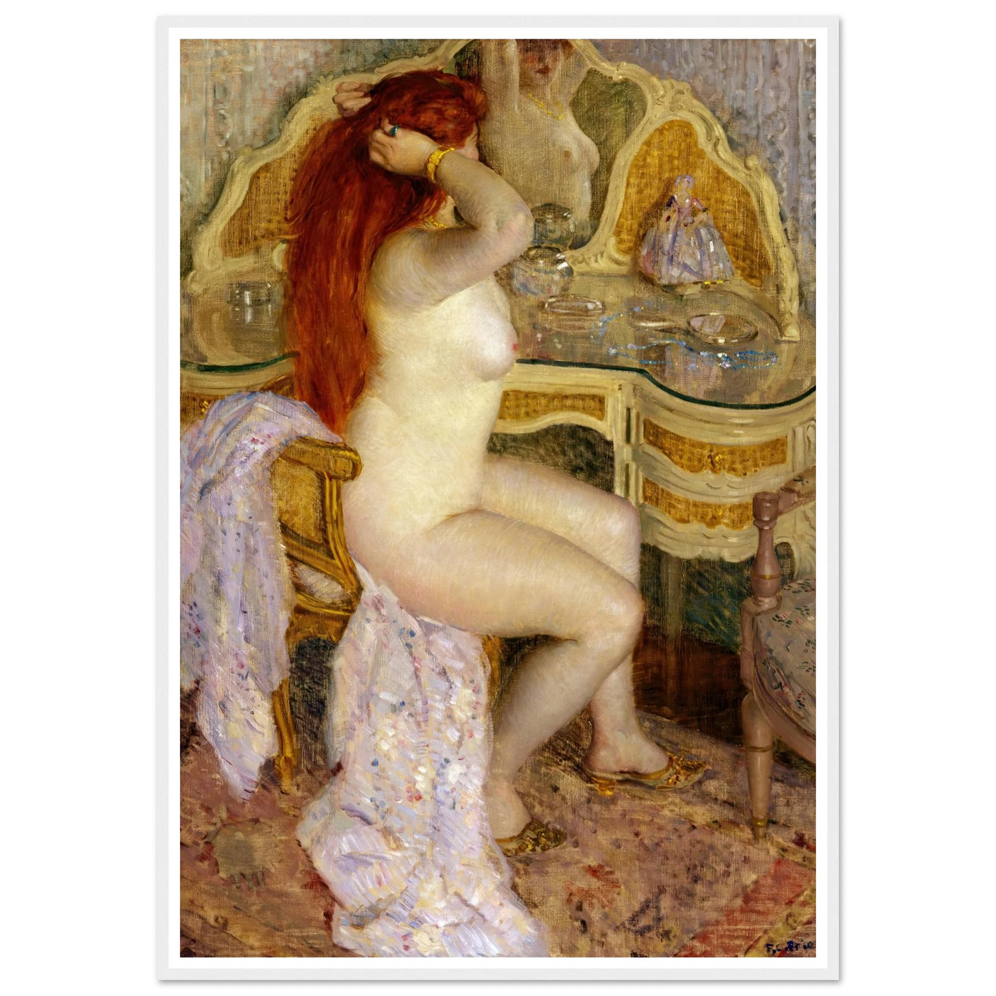 Nude Seated at Her Dressing Table (1909) Art Print | Frederick Carl Frieseke - Framed Poster - 30x40 cm / 12x16″ - Black frame