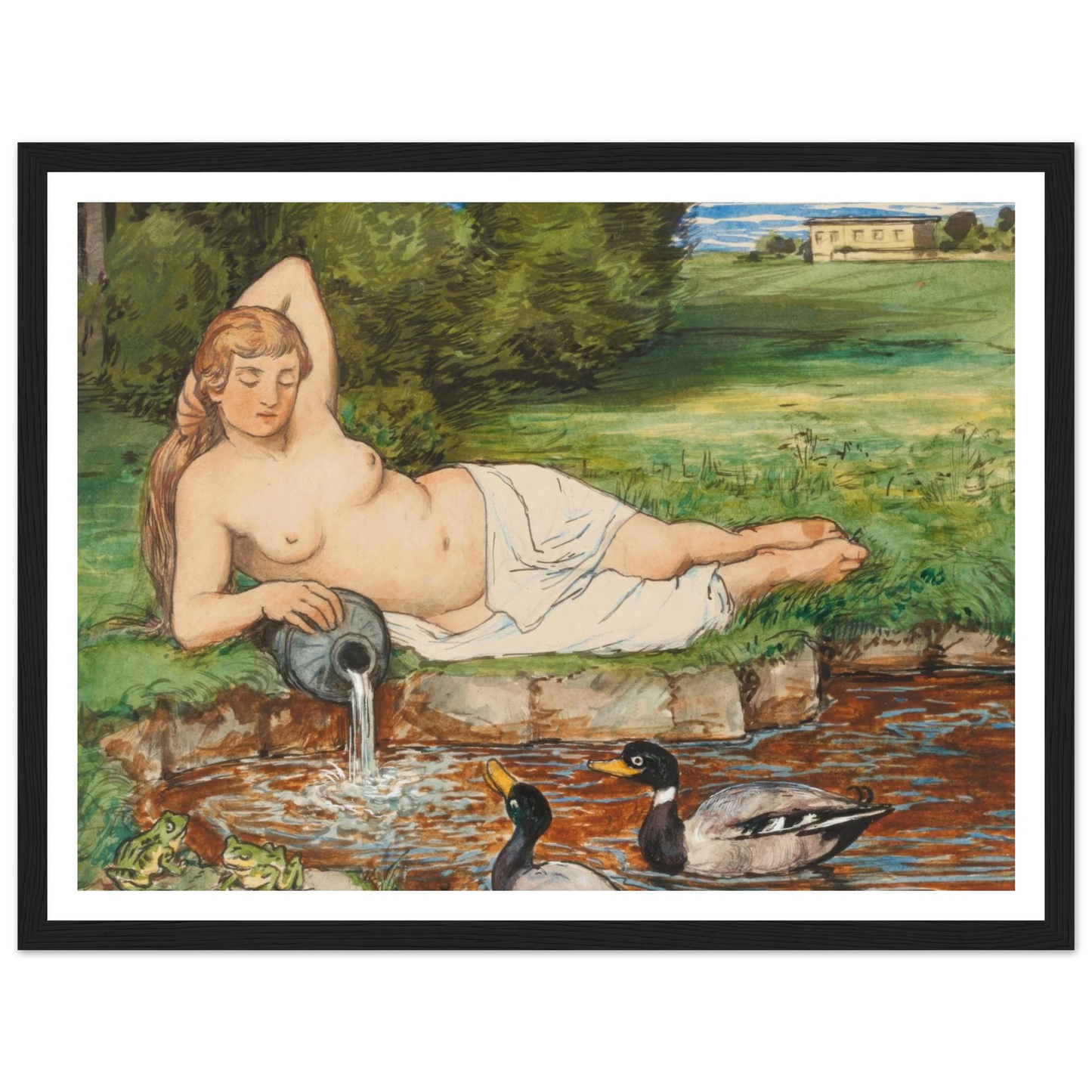 Nymph by a Brook (1887) Art Print | Hans Thoma - Framed Poster - 30x40 cm / 12x16″ - Black frame