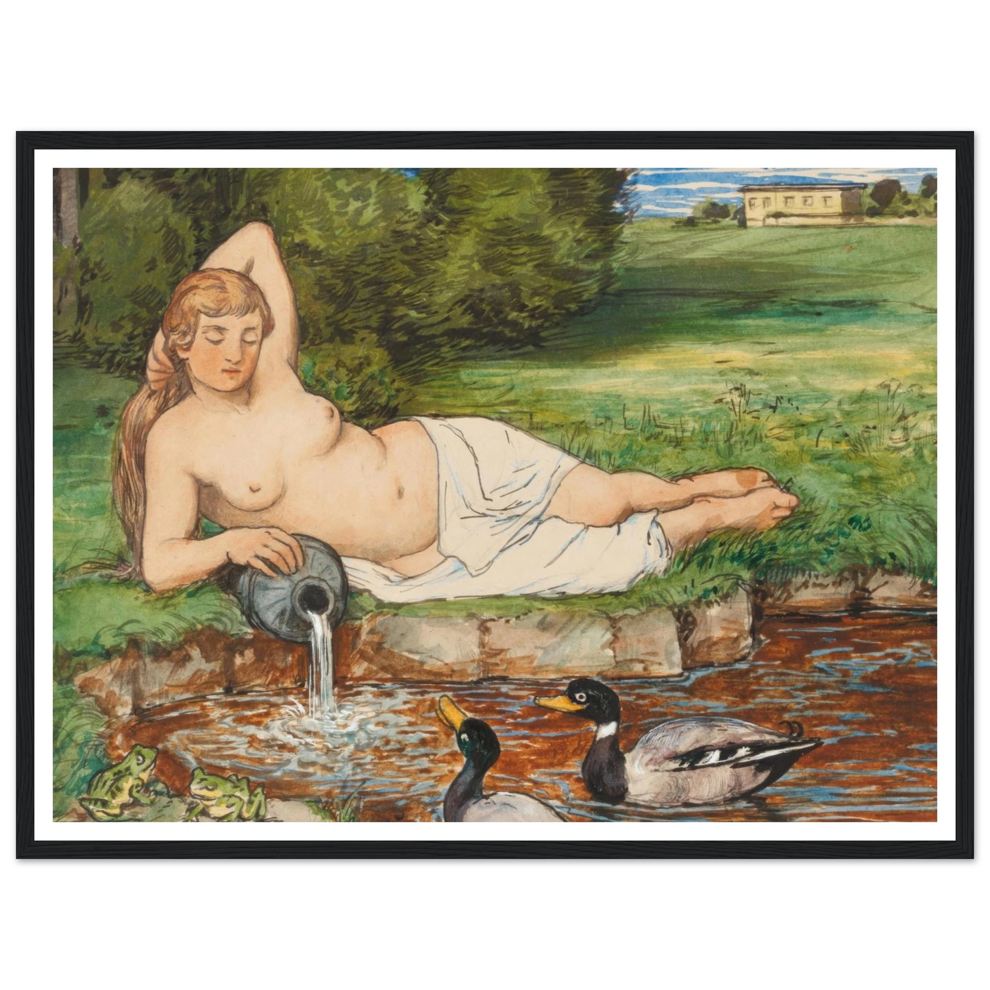 Nymph by a Brook (1887) Art Print | Hans Thoma - Framed Poster - 30x40 cm / 12x16″ - Black frame