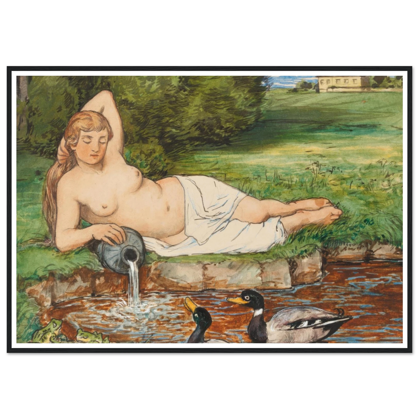 Nymph by a Brook (1887) Art Print | Hans Thoma - Framed Poster - 30x40 cm / 12x16″ - Black frame