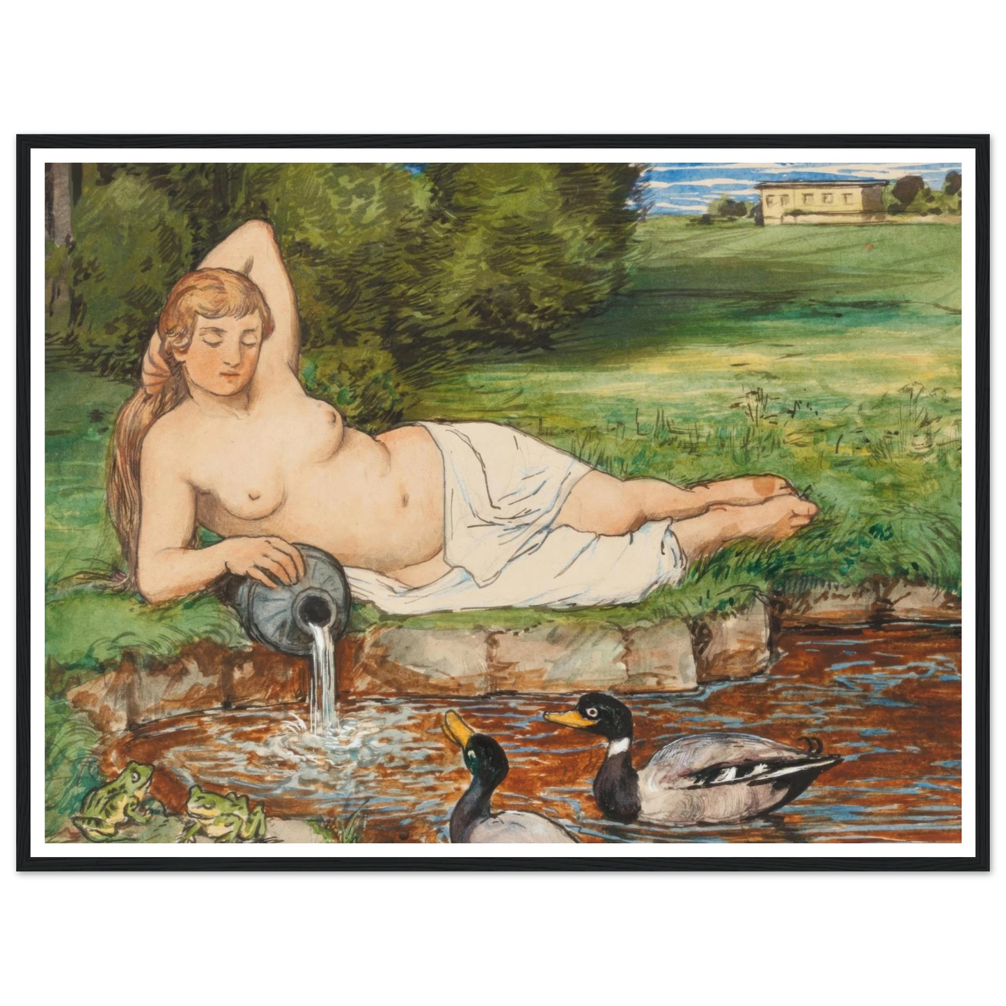 Nymph by a Brook (1887) Art Print | Hans Thoma - Framed Poster - 30x40 cm / 12x16″ - Black frame