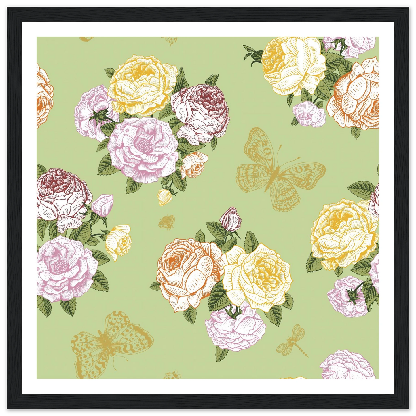 Olive Rose Garland Art Print | William Morris Inspired - Framed Poster - 30x30 cm / 12x12″ - Black frame