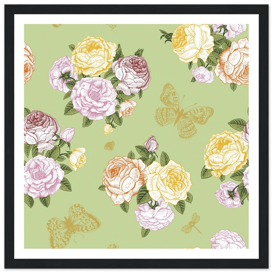 Olive Rose Garland Art Print | William Morris Inspired - Framed Poster - 30x30 cm / 12x12″ - Black frame