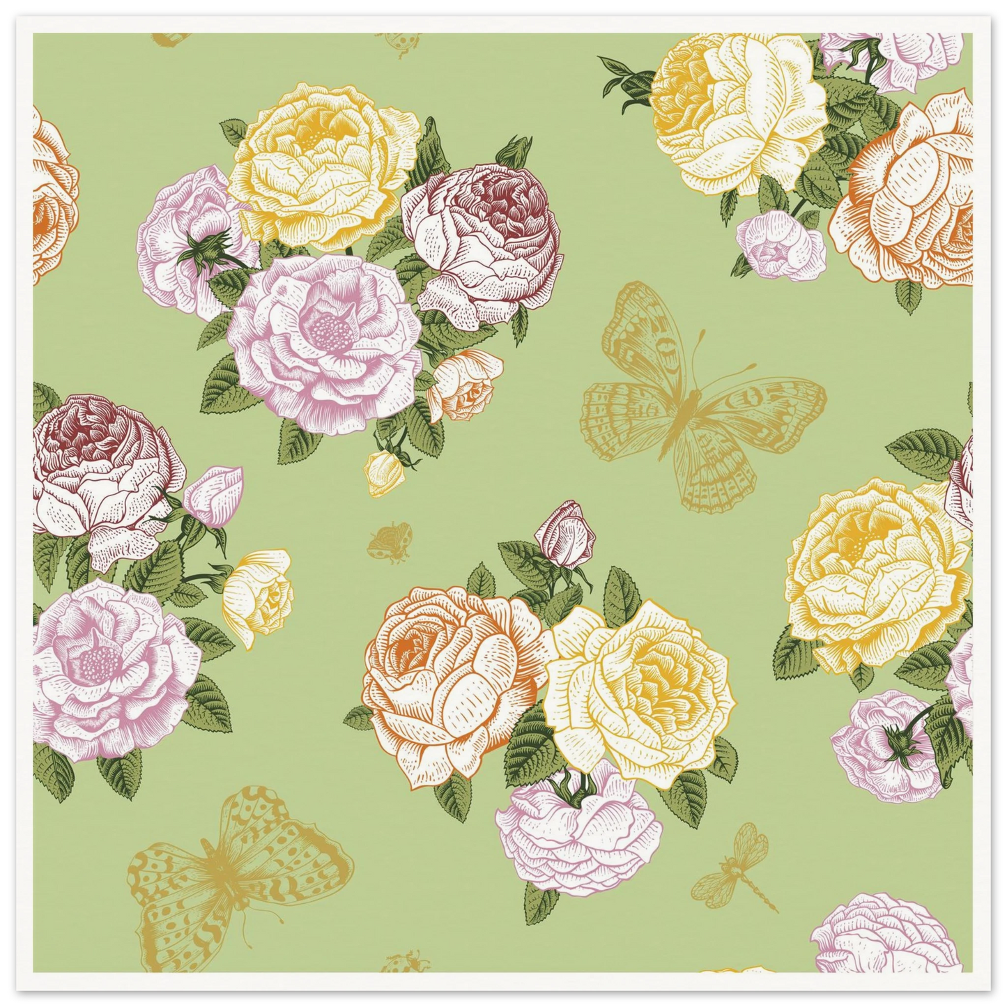 Olive Rose Garland Art Print | William Morris Inspired - Framed Poster - 30x30 cm / 12x12″ - Black frame