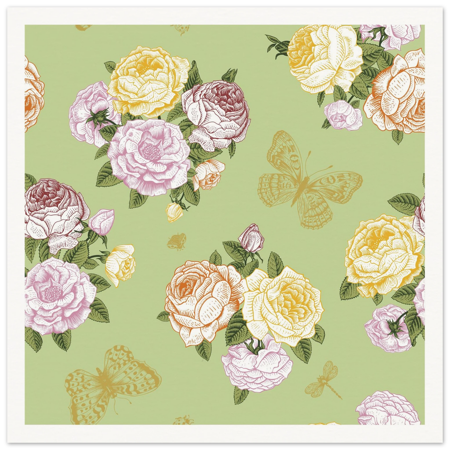 Olive Rose Garland Art Print | William Morris Inspired - Framed Poster - 30x30 cm / 12x12″ - Black frame