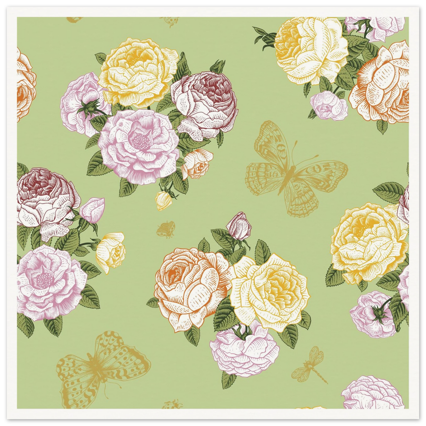 Olive Rose Garland Art Print | William Morris Inspired - Framed Poster - 30x30 cm / 12x12″ - Black frame