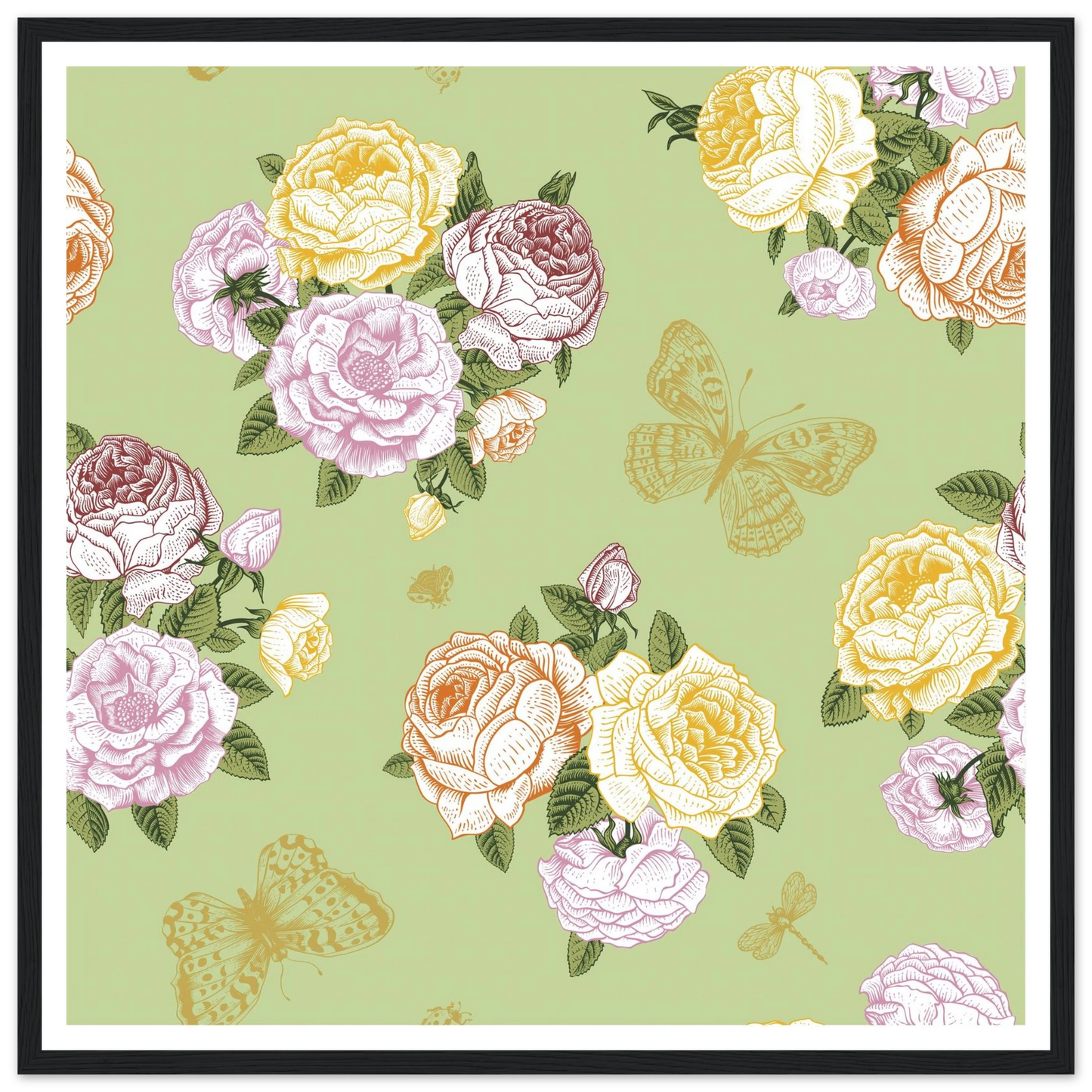 Olive Rose Garland Art Print | William Morris Inspired - Framed Poster - 30x30 cm / 12x12″ - Black frame