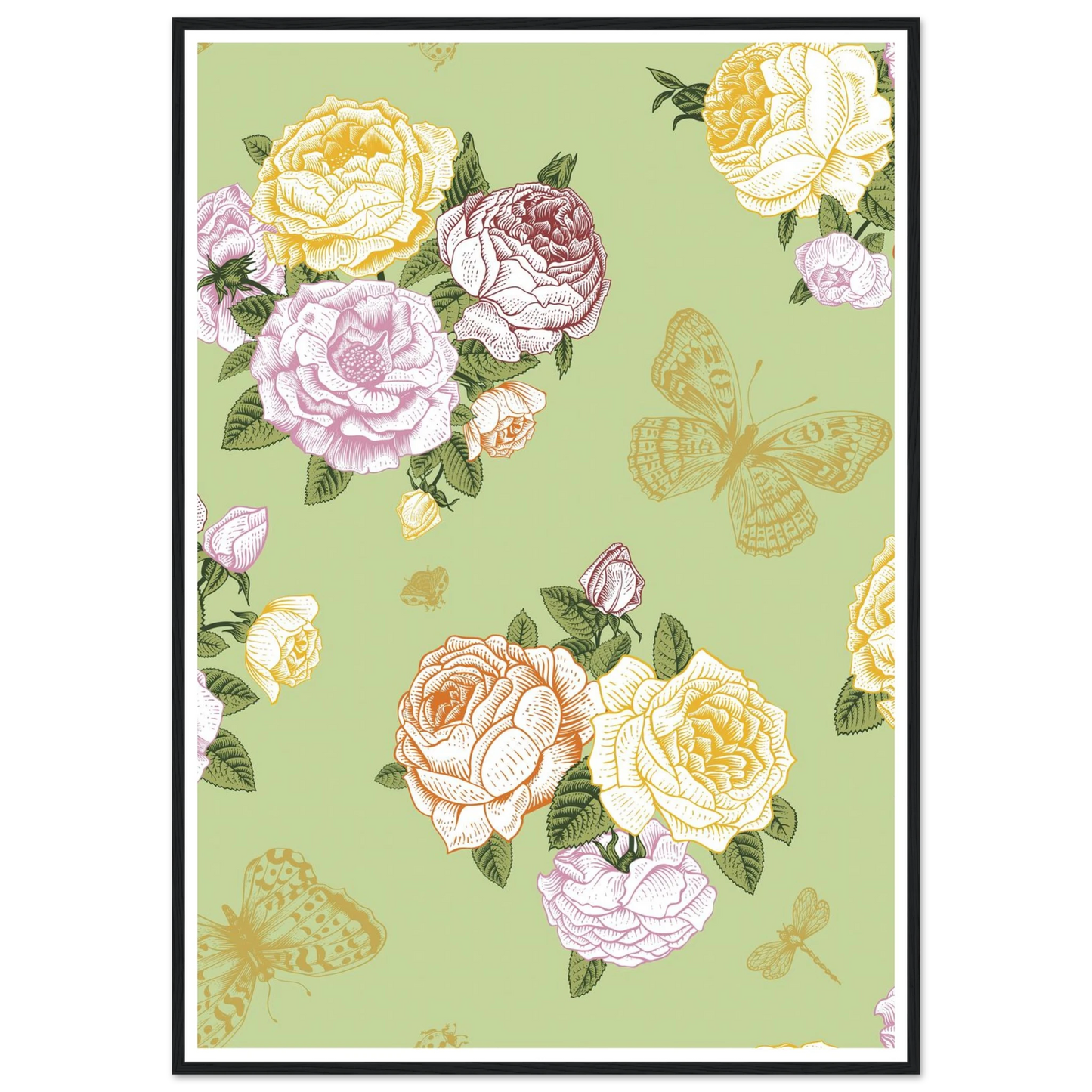 Olive Rose Garland Art Print | William Morris Inspired - Framed Poster - 30x30 cm / 12x12″ - Black frame