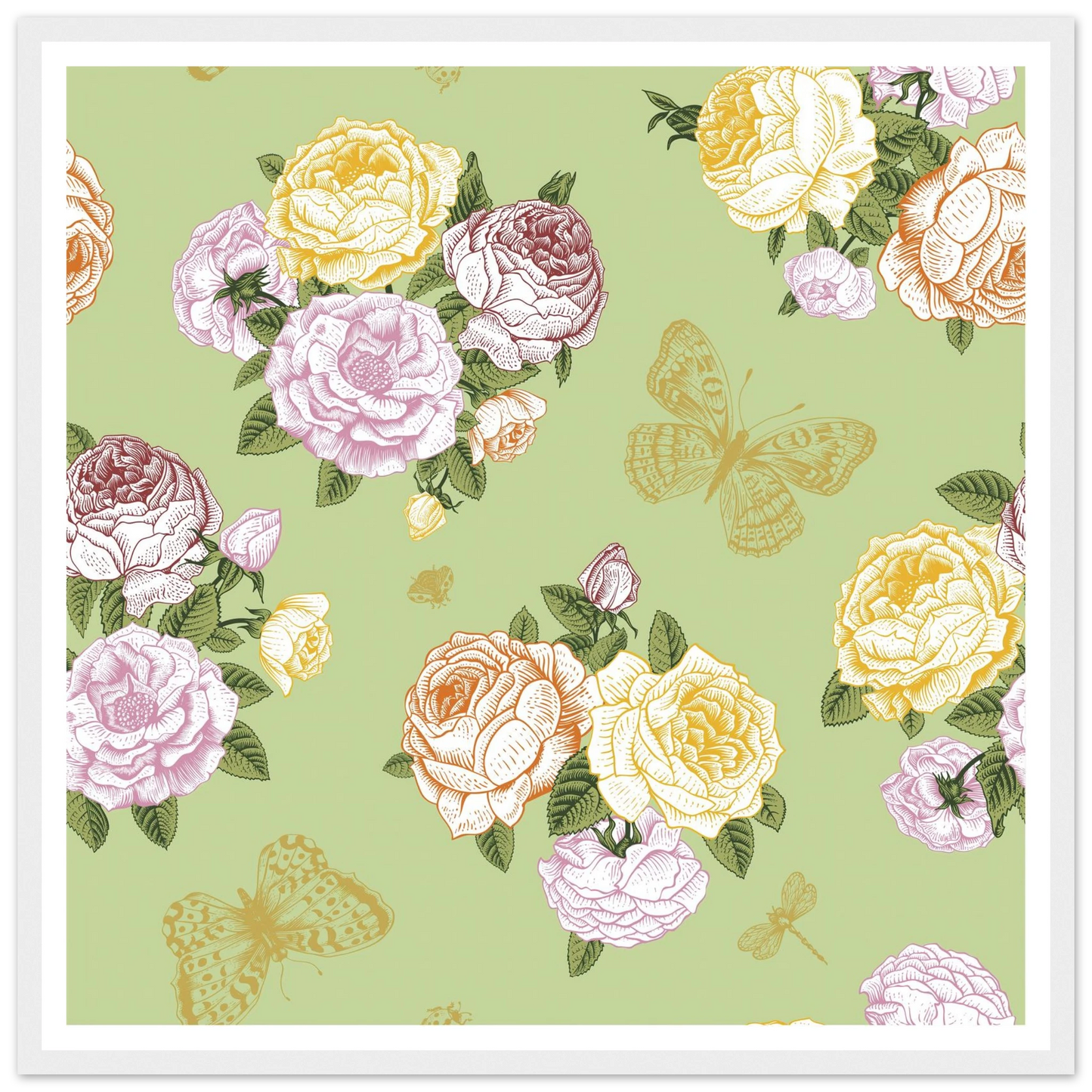 Olive Rose Garland Art Print | William Morris Inspired - Framed Poster - 30x30 cm / 12x12″ - Black frame