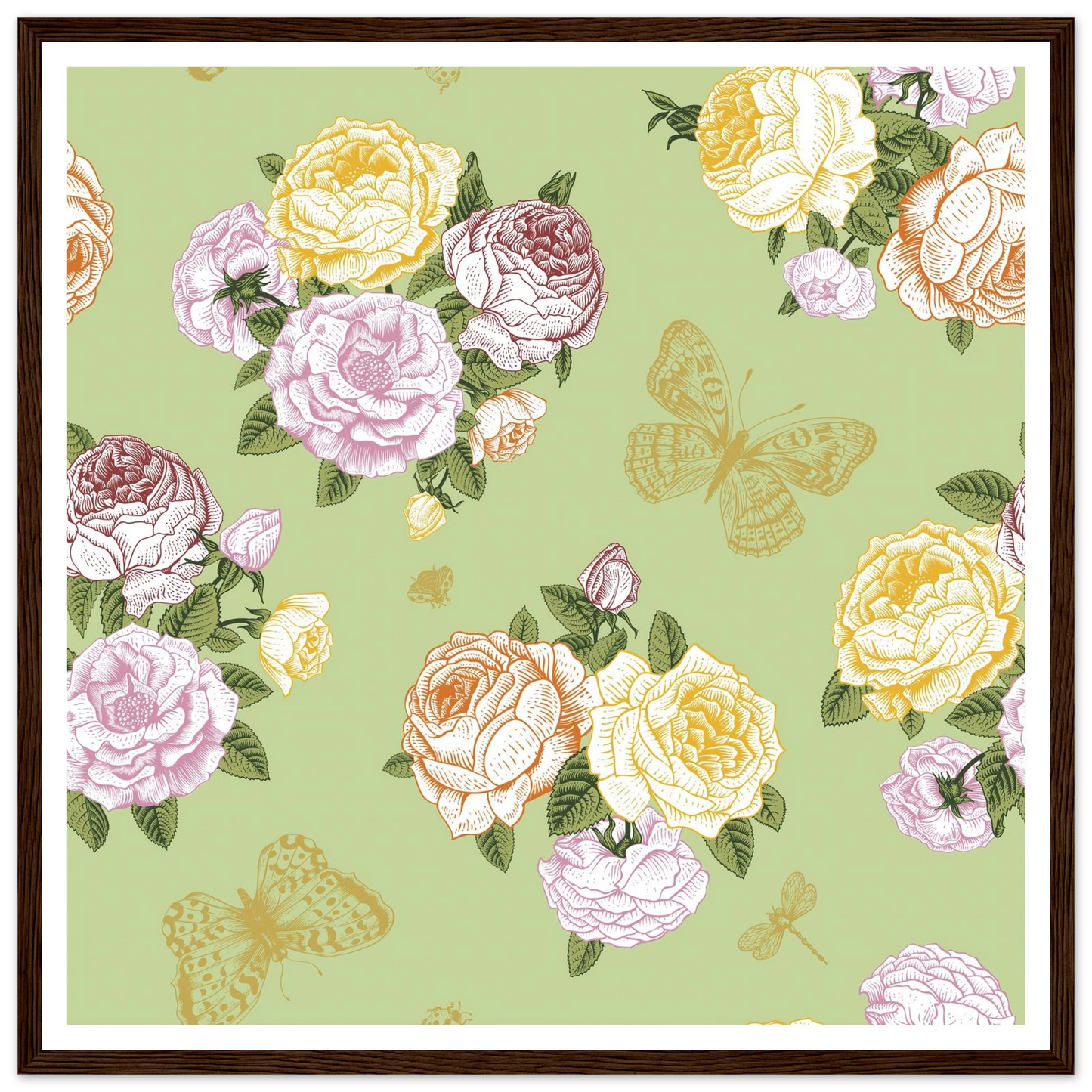 Olive Rose Garland Art Print | William Morris Inspired - Framed Poster - 30x30 cm / 12x12″ - Black frame