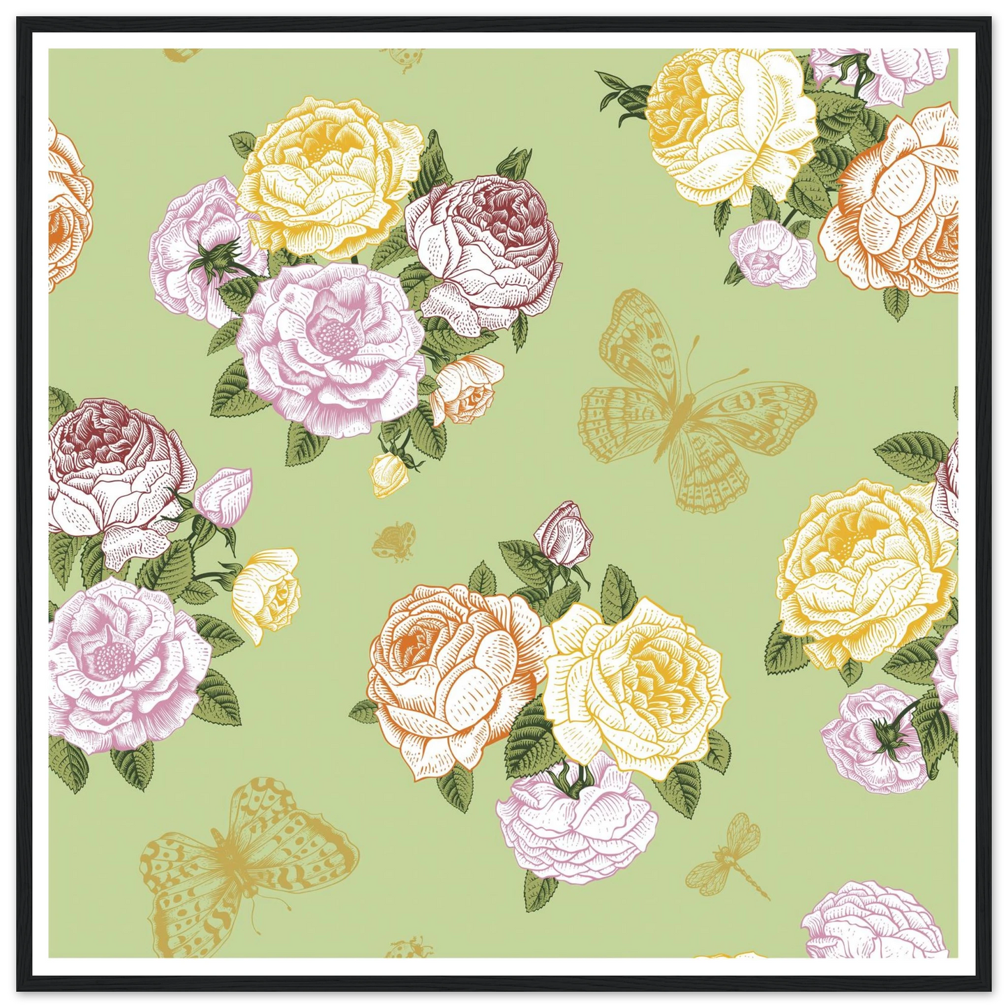 Olive Rose Garland Art Print | William Morris Inspired - Framed Poster - 30x30 cm / 12x12″ - Black frame