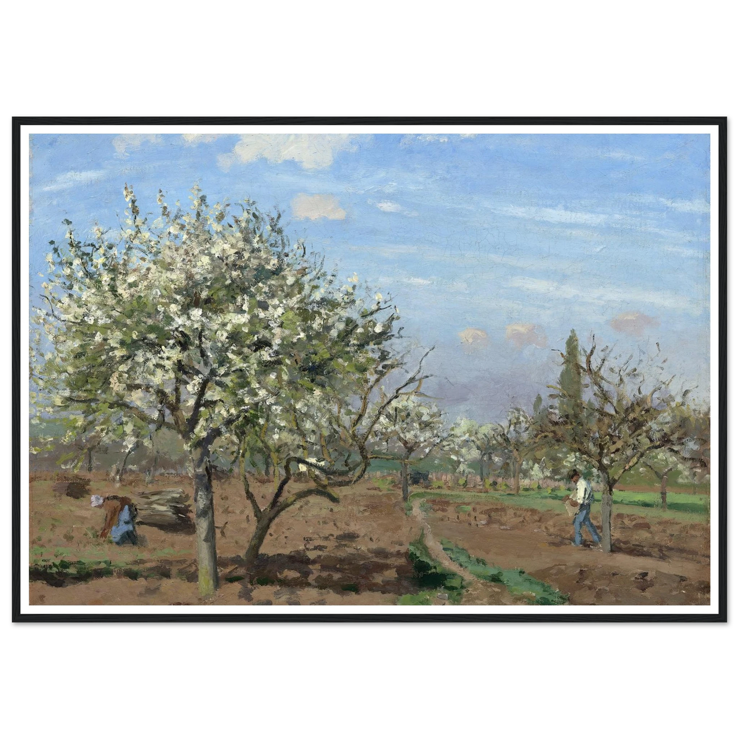 Orchard in Bloom,Louveciennes (1872) Art Print | Camille Pissarro - Framed Poster - 30x40 cm / 12x16″ - Black frame
