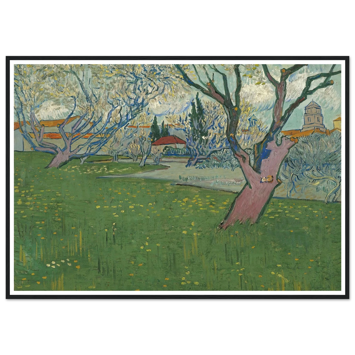 Orchards in blossom, view of Arles (1889) Art Print | Vincent van Gogh - Framed Poster - 30x40 cm / 12x16″ - Black frame