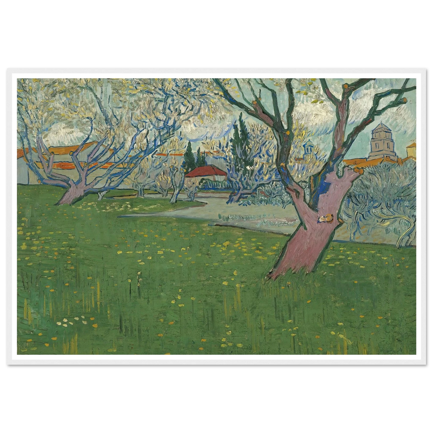 Orchards in blossom, view of Arles (1889) Art Print | Vincent van Gogh - Framed Poster - 30x40 cm / 12x16″ - Black frame