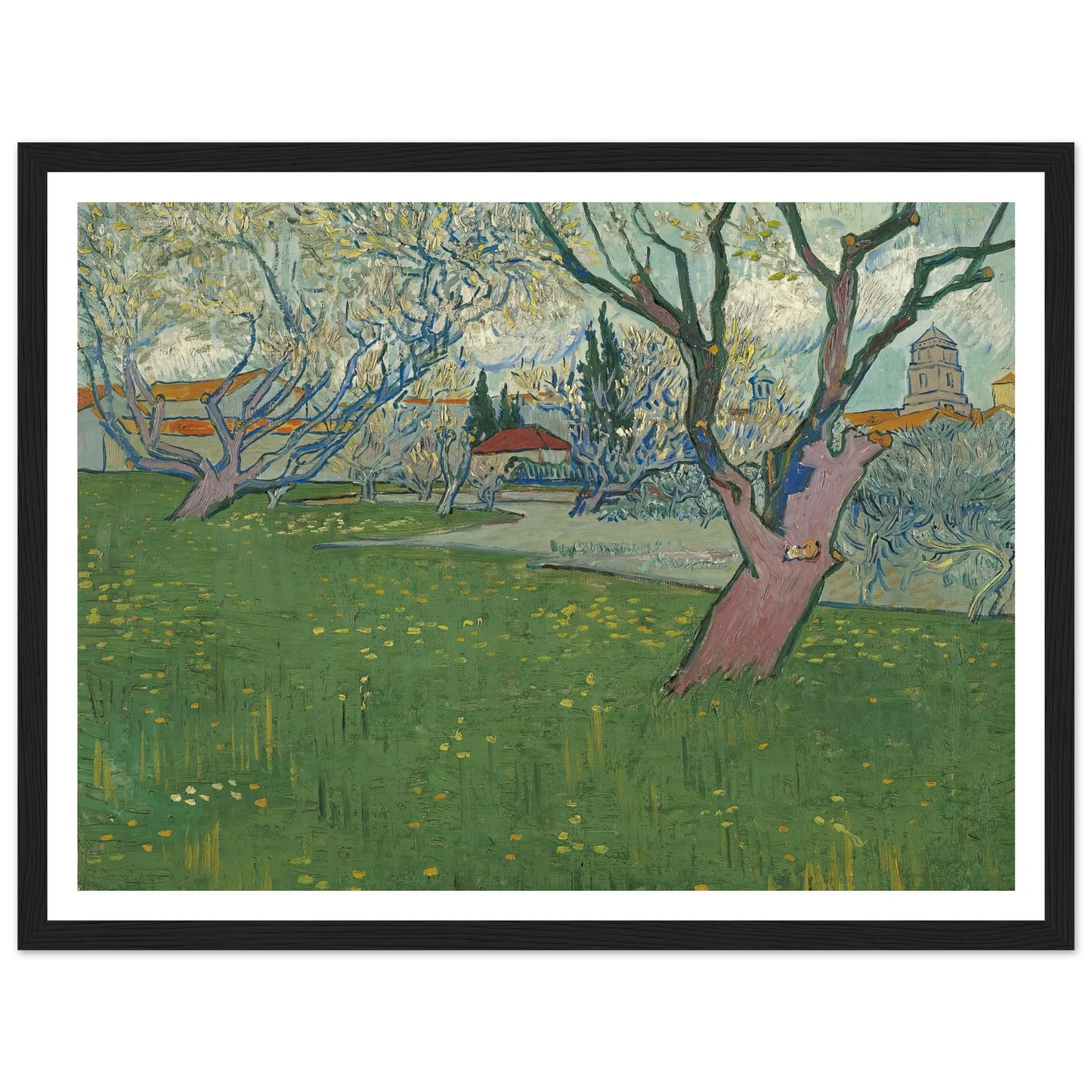Orchards in blossom, view of Arles (1889) Art Print | Vincent van Gogh - Framed Poster - 30x40 cm / 12x16″ - Black frame