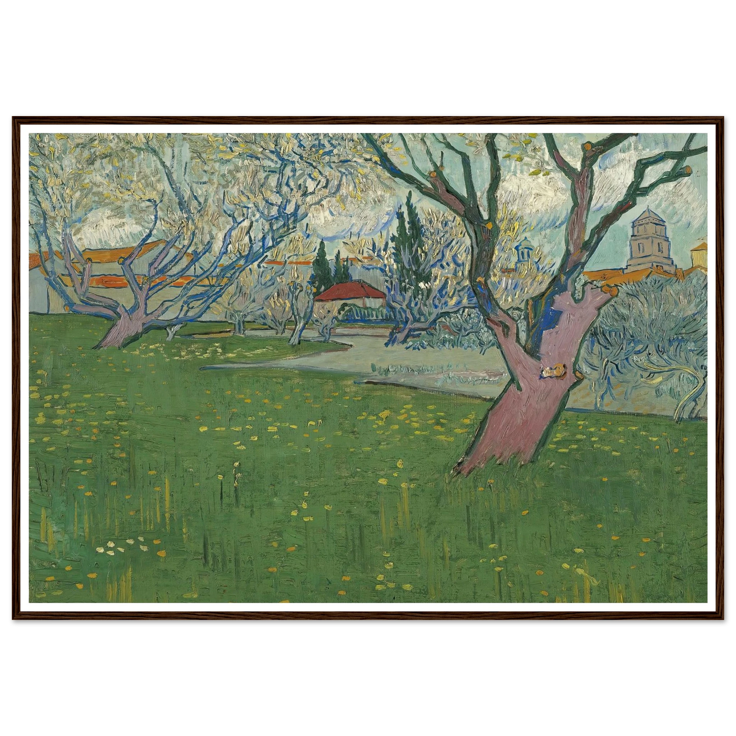 Orchards in blossom, view of Arles (1889) Art Print | Vincent van Gogh - Framed Poster - 30x40 cm / 12x16″ - Black frame