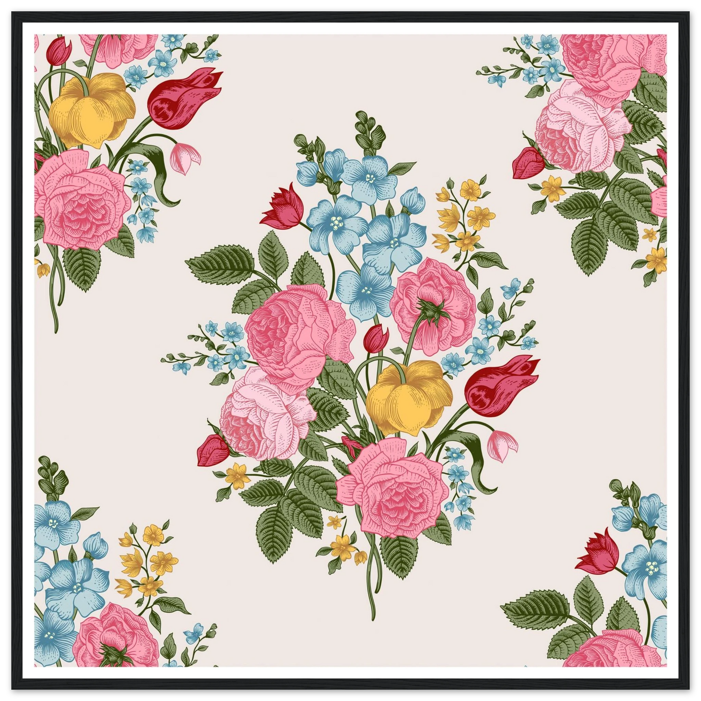 Pastel Rose Swag Art Print | William Morris Inspired - Framed Poster - 30x30 cm / 12x12″ - Black frame