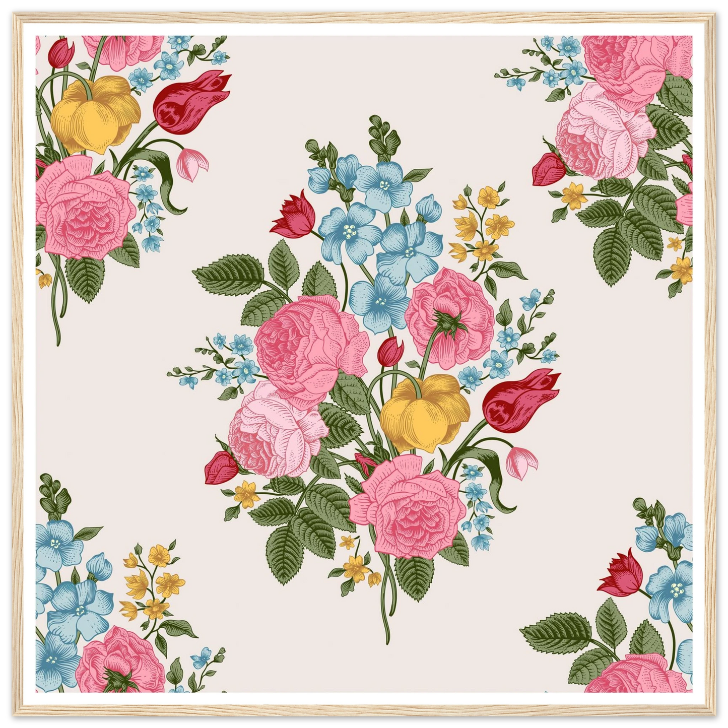 Pastel Rose Swag Art Print | William Morris Inspired - Framed Poster - 30x30 cm / 12x12″ - Black frame